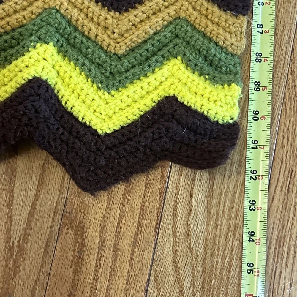 Vintage MCM Afghan Handmade Granny Zig Zag Chevron Avocado Green Brown 93